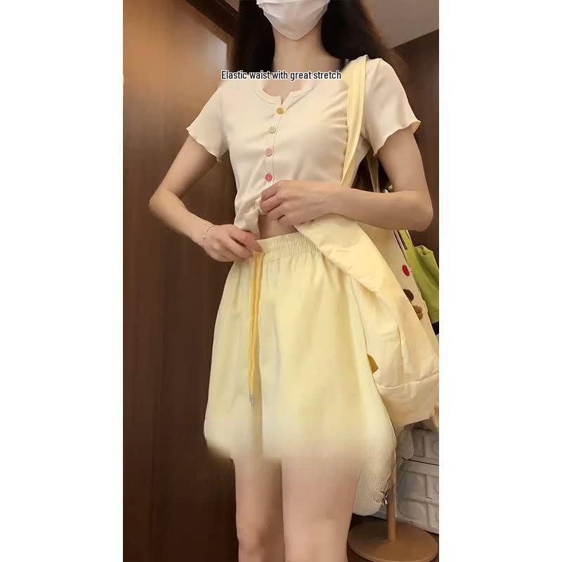 Women's Yellow High-Waisted Wide-Leg Summer Shorts - Slimming, Three-Quarter Length, Versatile Casual 2026 Fashion