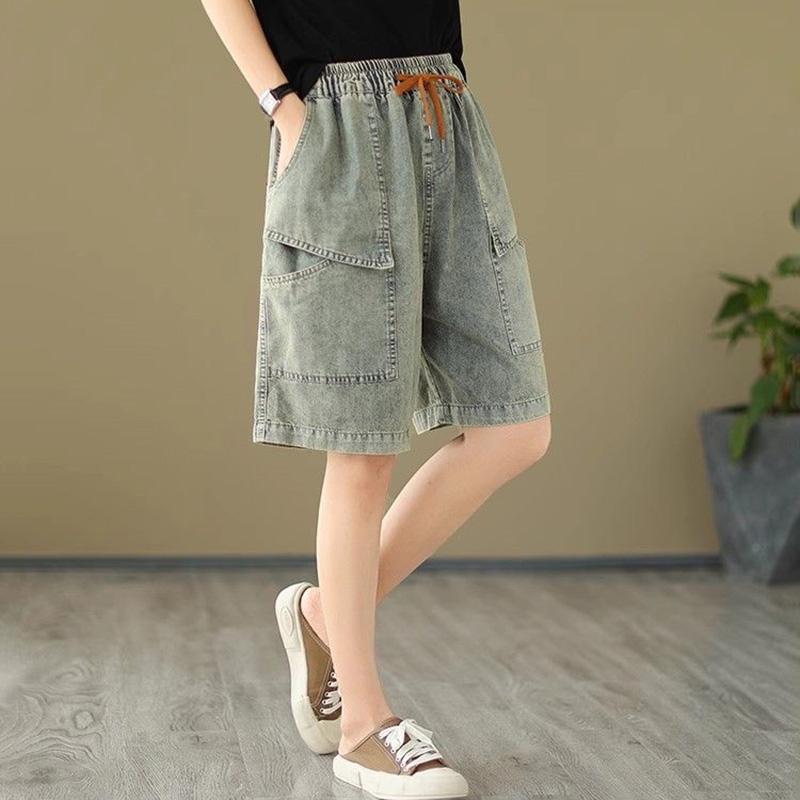 Cotton Shorts Women Summer Big Size Pants Vintage Loose High Waist Elastic Denim Wide Leg Skirt Pants