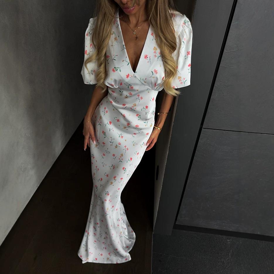 European and American women's clothing summer new sweet small fresh V-neck floral slim and thin long dress