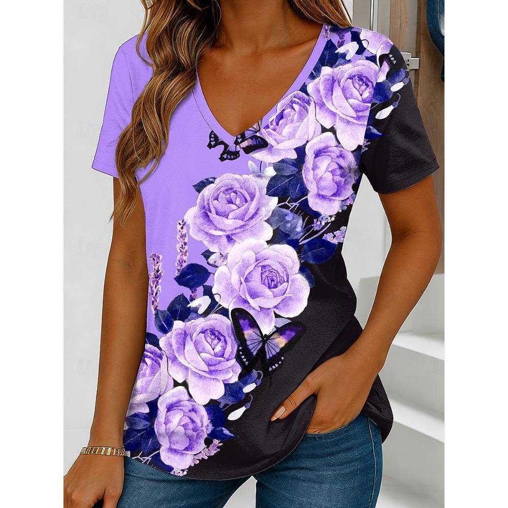 Women's T Shirt Floral Graphic Vintage Stylish Classic Short Sleeve V Neck Regular Tops Summer Spring