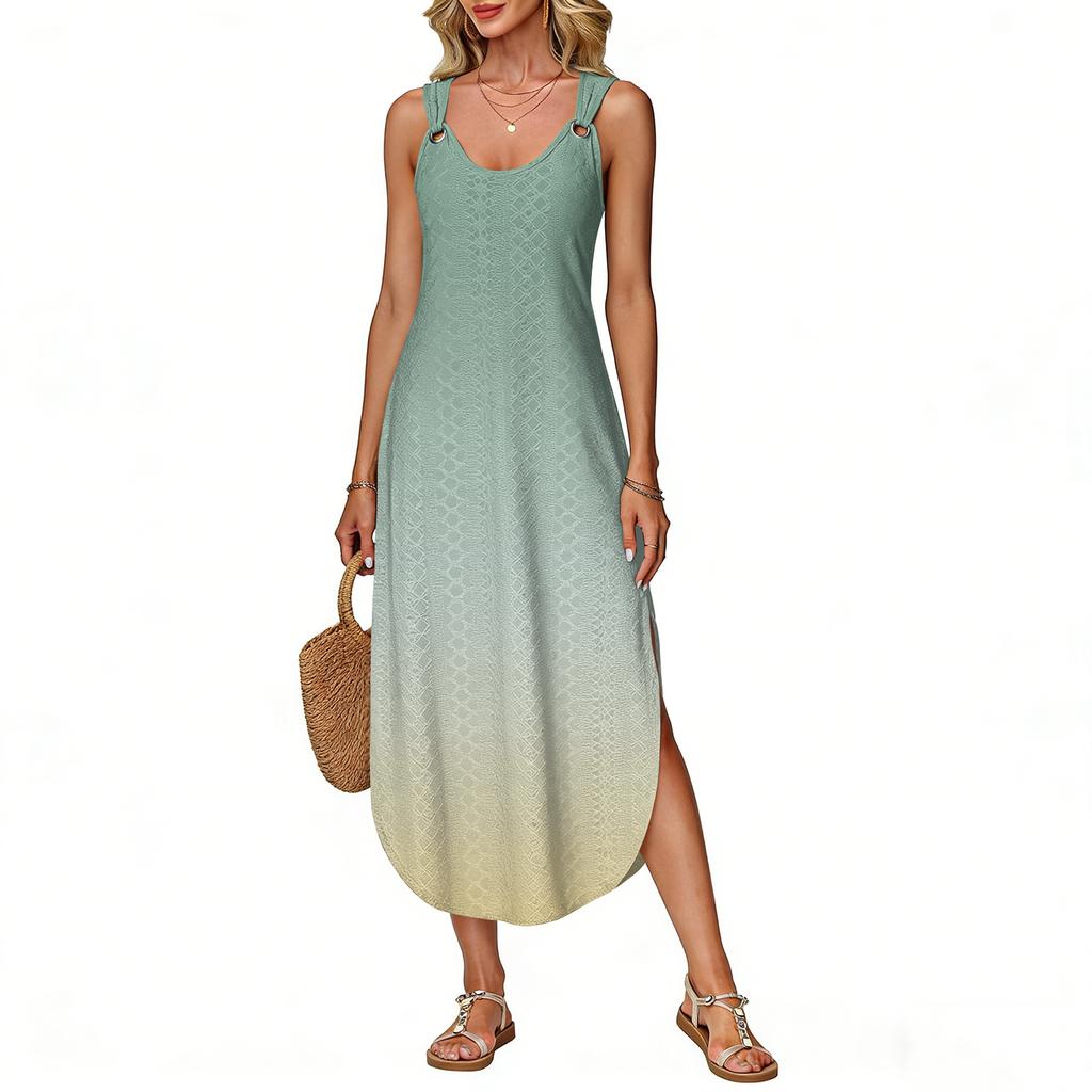Women's summer long dress, sleeveless with side slits, long gradient vest dress
