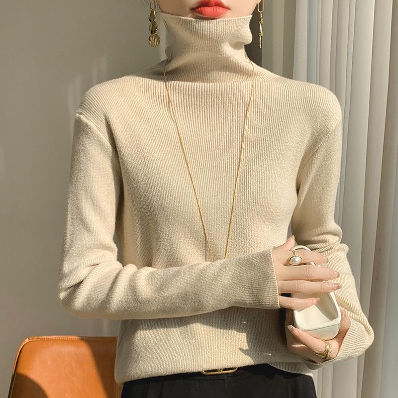 GMXIA Bright Silk Long Sleeve Knitted Bottom Shirt Women's High Neck Pullover Sweater Fashion Versatile Shorts Top Shirt