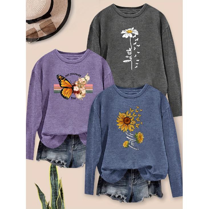 Fashionable Women's Elegant Floral Butterfly Letter Combination Print Pattern Round Neck3Long-sleeved outfit T Shirts for women in spring, summer,