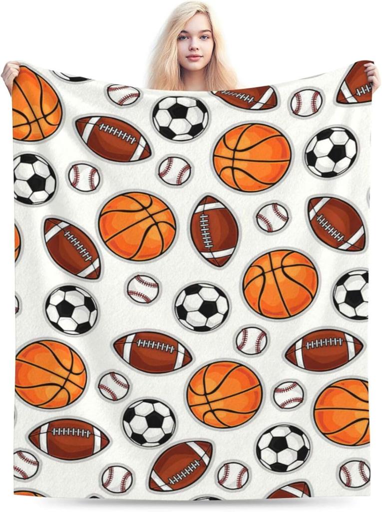 Sports Ball Pattern Throw Blanket Basketball Football Soccer Baseball Design for Kids Room Decor Gift for Him BoyGift