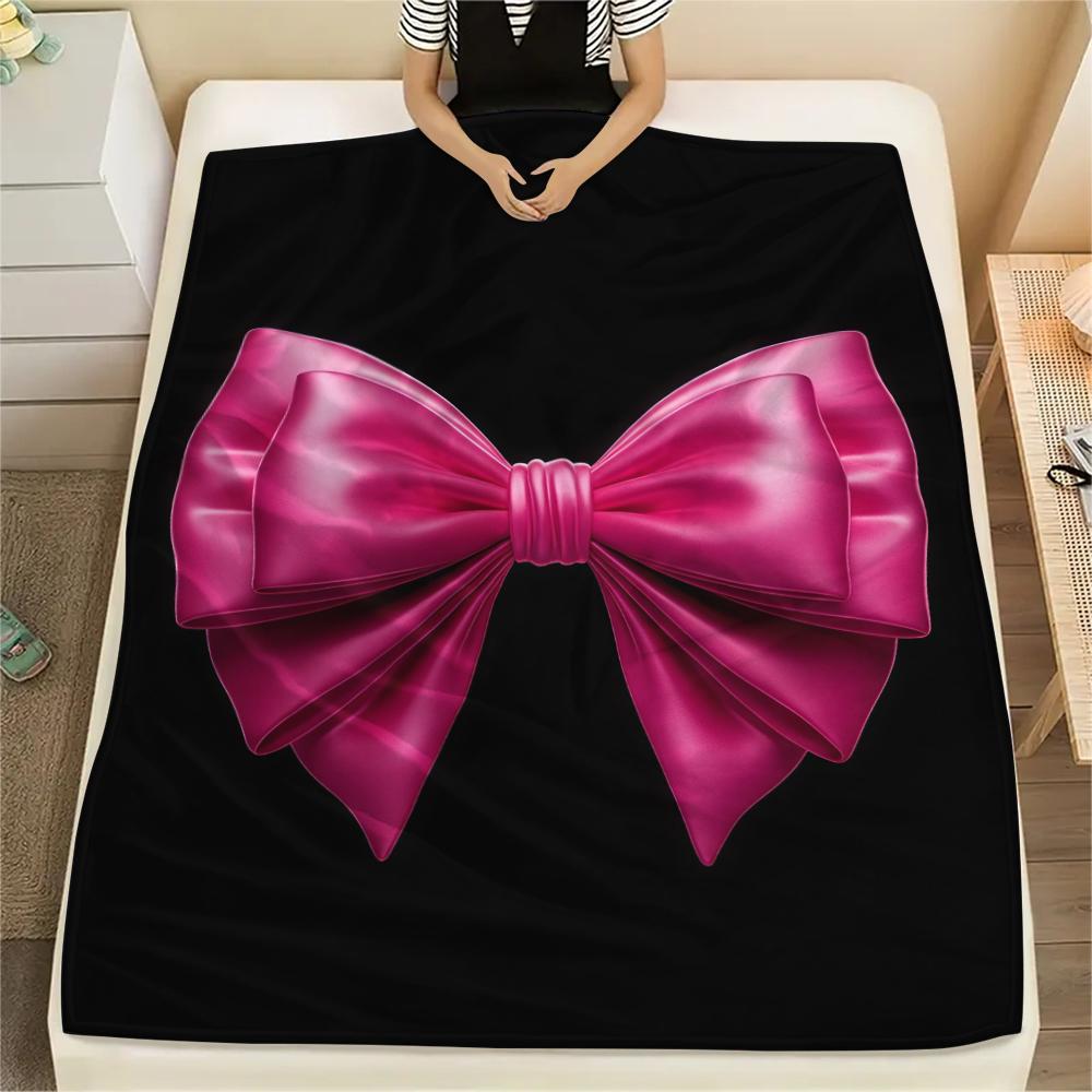 1Pc Pink Bow Print Flannel Blanket, High quality Comfortable for All Seasons, Home Decor, Warmth and Comfort, Perfect for Christmas Gifts W29