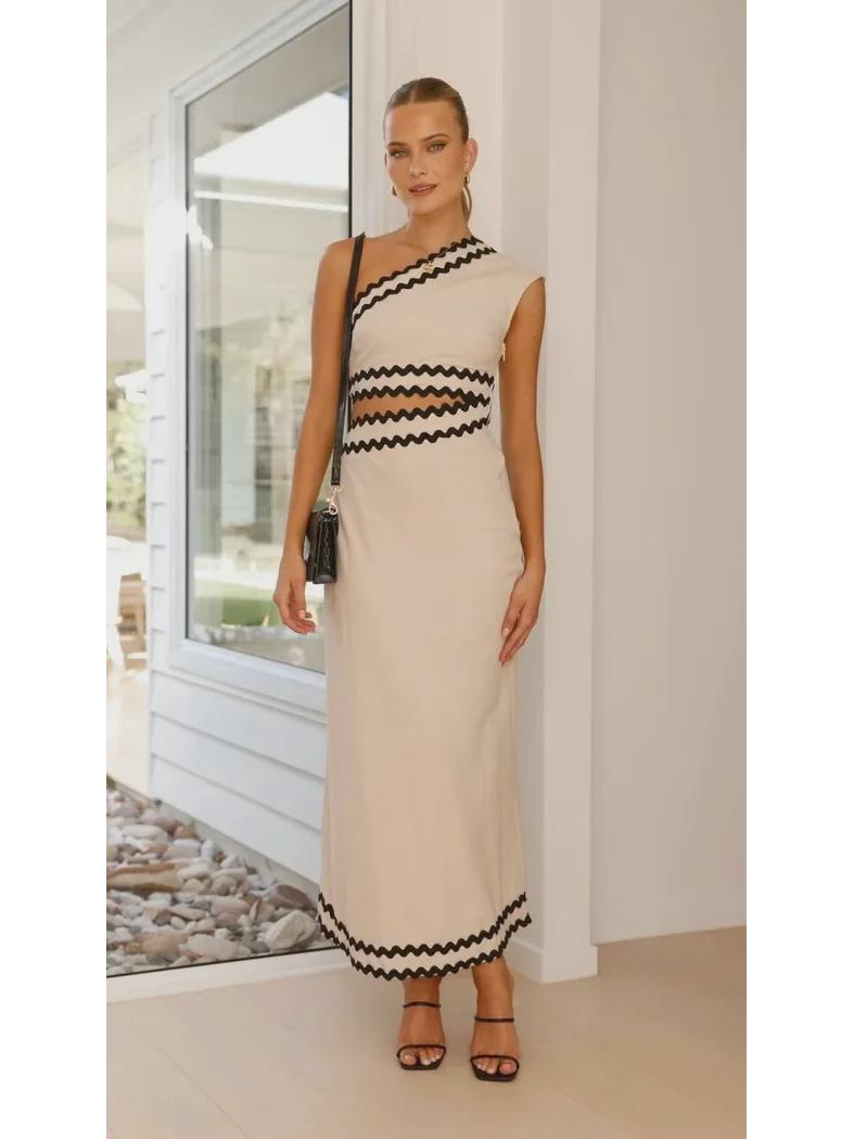 

Элегантное длинное платье с косым воротником и кружевной отделкой для женщин - Коллекция Лето 2025 S