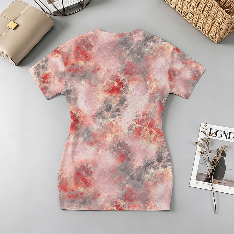 Women's V-Neck Short Sleeve Tie-Dye Dress,Light Mature Style,Slim Fit,Soft Comfortable,Ideal for Beach Vacation,Daily Casual,Party Outing