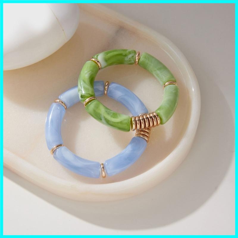 2PCS Set Vintage Design Resin Elastic Bracelet Blue Bamboo Gold Color Spacer Pearl Bracelet Blue Green Color Bangle