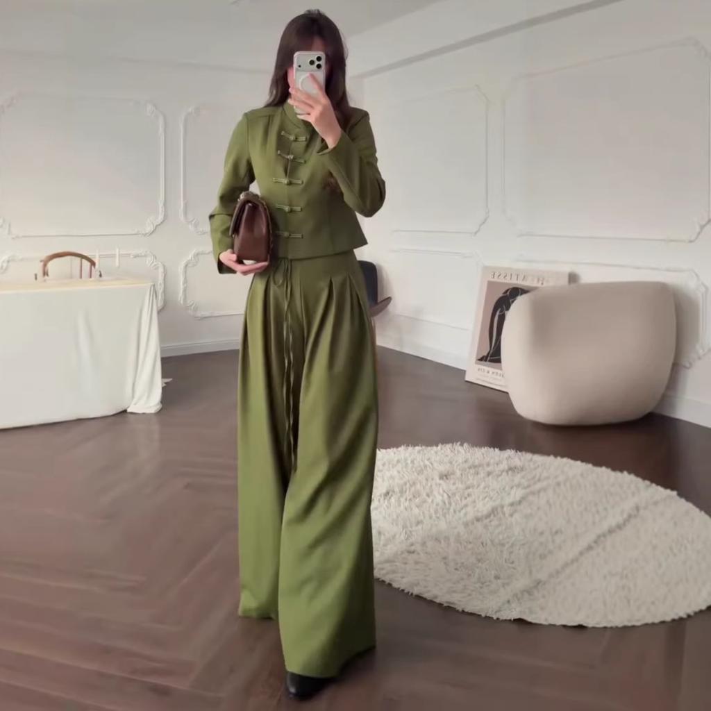 autumn new European and American women's cross-border new Chinese suit, disc-buckled stand-up collar top, wide-leg pants two-piece set