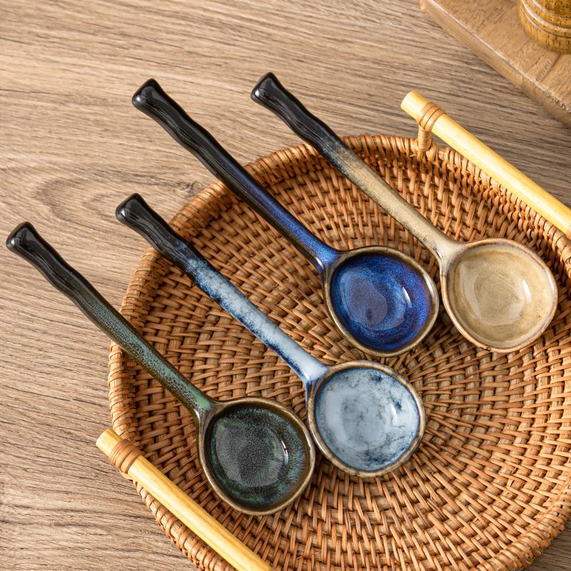 Household Japanese Ceramic Soup Spoon Long Handle Round Head Soup Ladle Congee Spoon Irregular Spoon