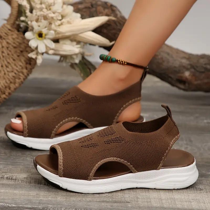 Women's Knit Upper Sandals, Breathable Peep Toe Elastic Slip On Shoes, Comfy Outdoor Sporty Sandals