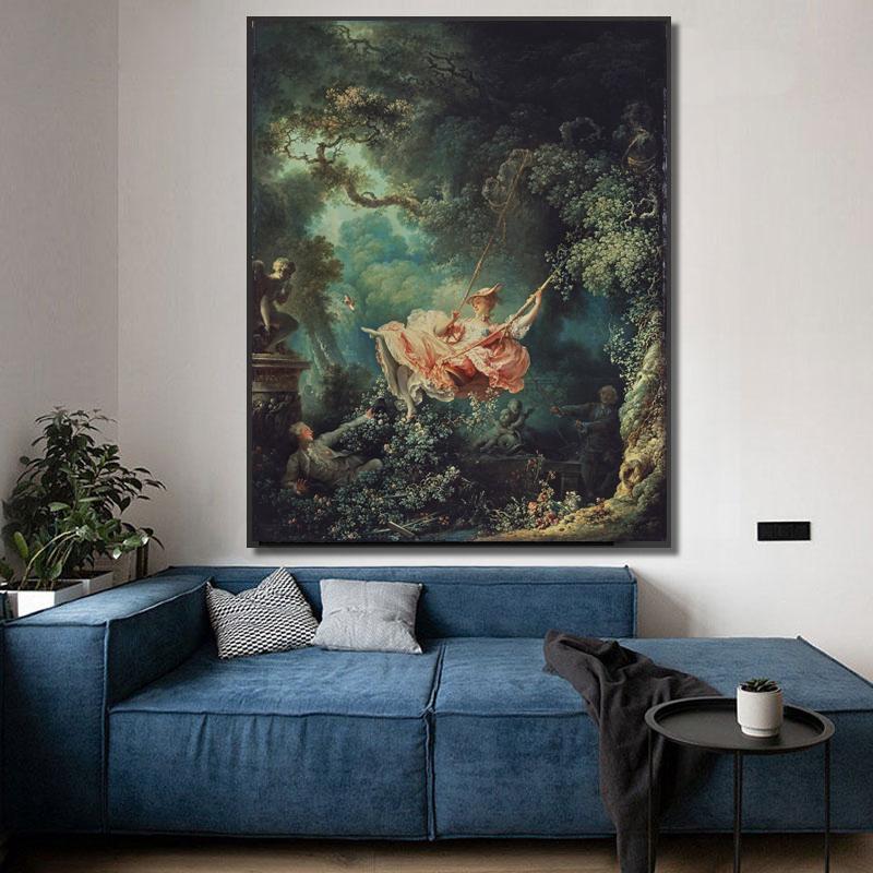 Famoso lienzo rococó, pintura del columpio de Fragonard, póster e impresión, imagen artística de pared para sala de estar, decoración del hogar, sin marco