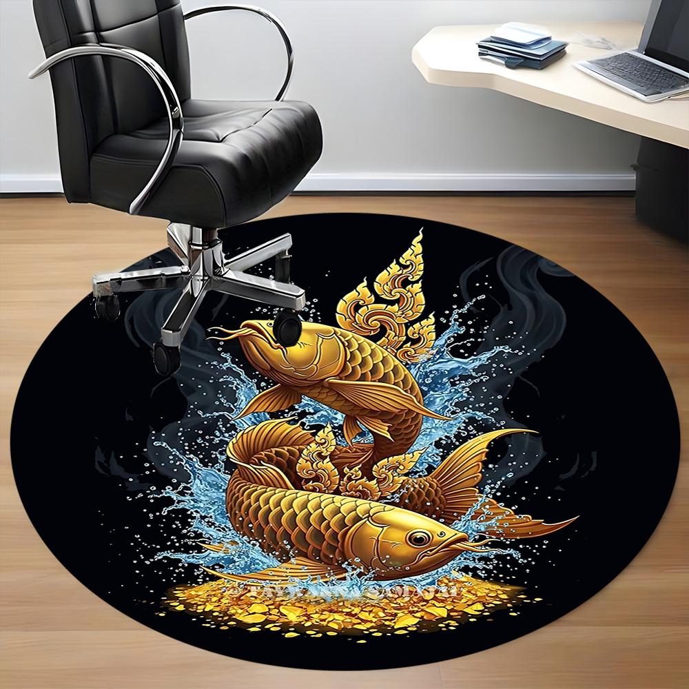 1pc Golden Fishes Splash Office Round Area Rug, Under Office Chairs Bedroom Living Room Home Decor, Room Deco, Available in Various Sizes