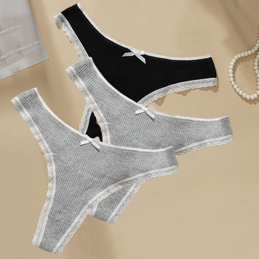 

3 шт. Сексуальные трусики с низкой посадкой Женские с кружевной отделкой Однотонные брифы M-XL Дышащее удобное нижнее белье Женские хлопковые трусы в рубчик 1XL&3pcs
