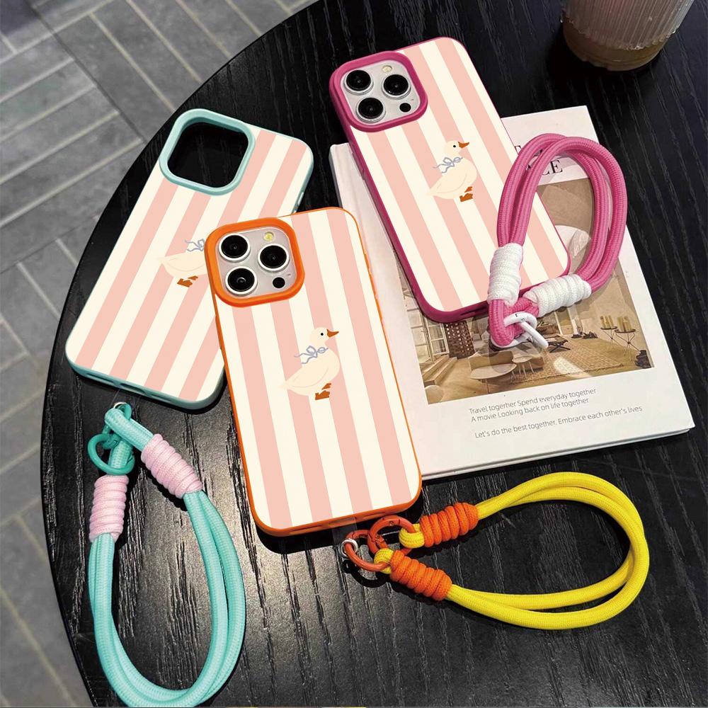 Striped Duck Strap Rope Phone Case For iPhone 17 16 15 14 13 12 11 Pro Max 16 15 14 Plus 17 16 15 Pro 17Air Silicone Matte Cover
