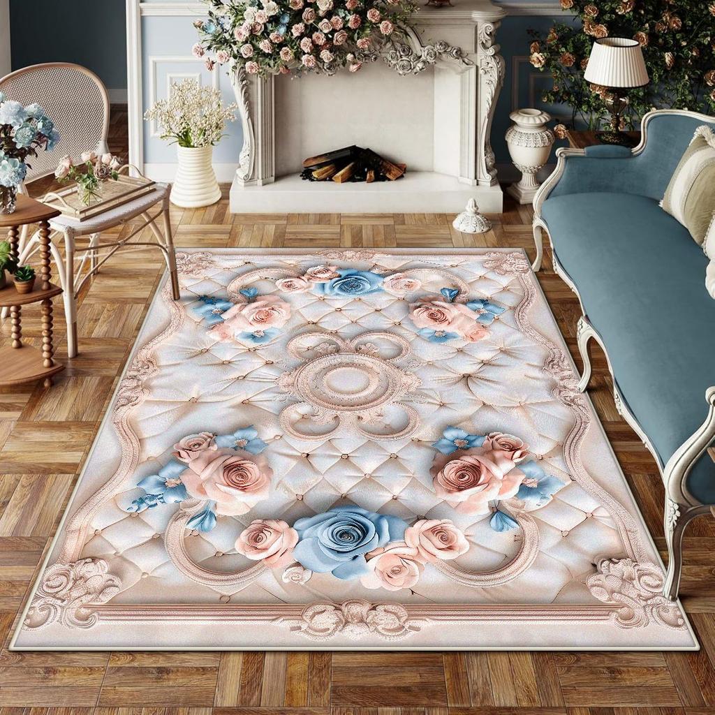 Europäischer Stil Rutschfest Großer Wohnzimmerteppich Blumendesign Raumdekoration Ästhetischer Schlafzimmerteppich Schminktischmatte Waschbar