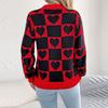 Women's Round Neck Contrasting Plaid Love Long-sleeved Pullover Sweater
