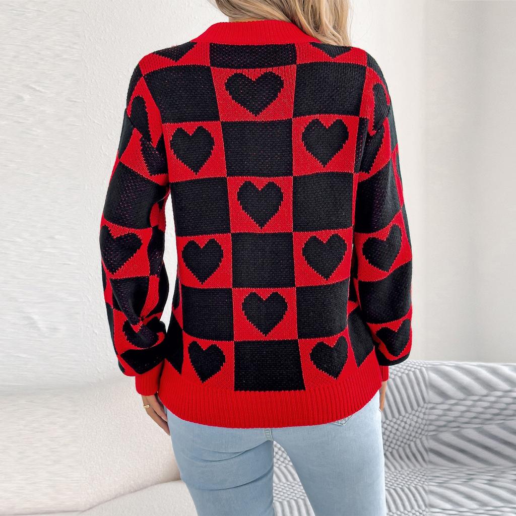 Women's Round Neck Contrasting Plaid Love Long-sleeved Pullover Sweater