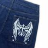 Mens High-Waisted Straight Cut Denim Jeans With Skull Print Streetwear Loose Fit Casual Trousers