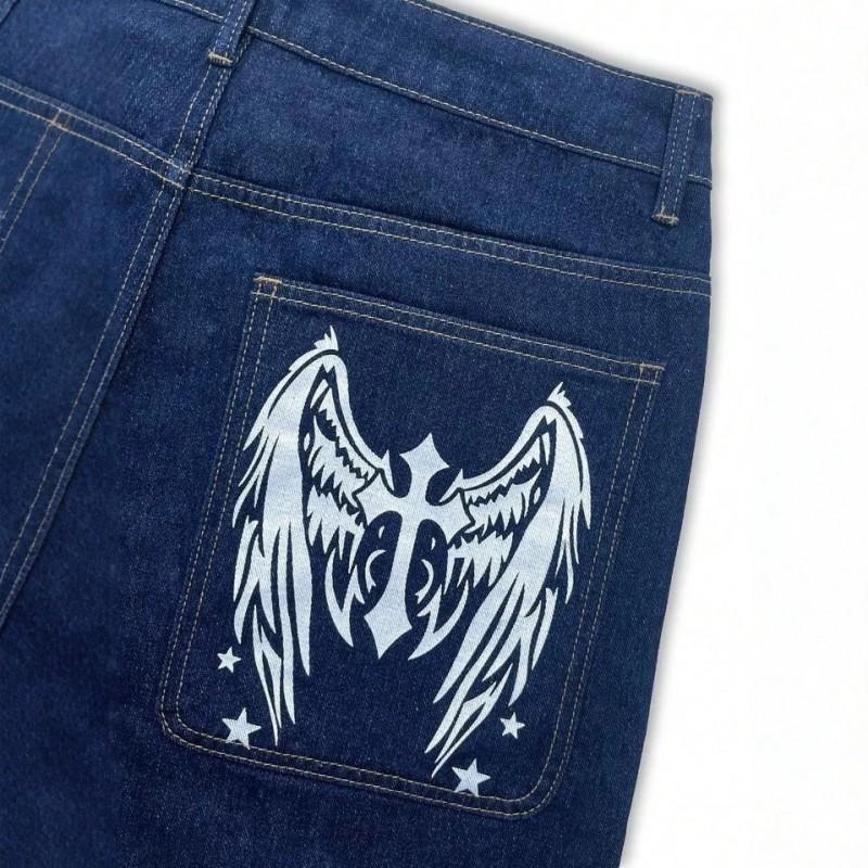 Mens High-Waisted Straight Cut Denim Jeans With Skull Print Streetwear Loose Fit Casual Trousers