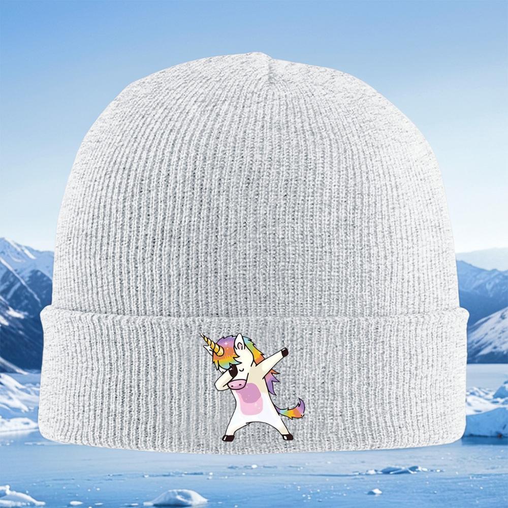Rainbow unicorn dabbing pose happy cartoon Men Women Unisex Knitted Hat Beanie Pullover Cap Winter Thermal Warm Christmas Outdoo