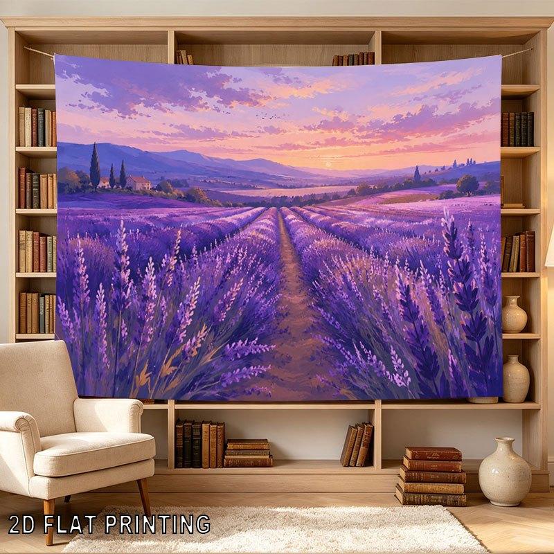 2D Flat - 2D Flat - 1pc 2D Flat Tapestry Lavender Field at Sunset Countryside Landscape Tapestry