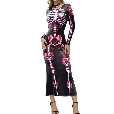 Autumn Winter Cosplay Halloween Women's Clothing Black Maxi Dresses Vintage Personality Skeleton Digital Print Long Sleeved Dress for Women Skirt