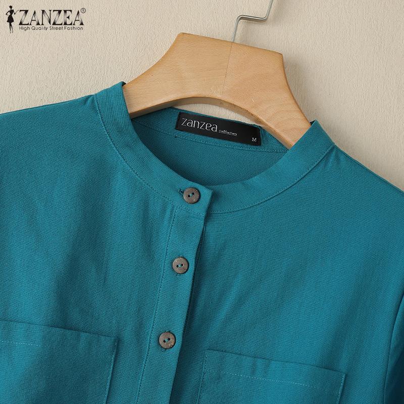 ZANZEA Blusa de Algodón Casual de Mujer con Cuello en V Suelta Manga 3/4