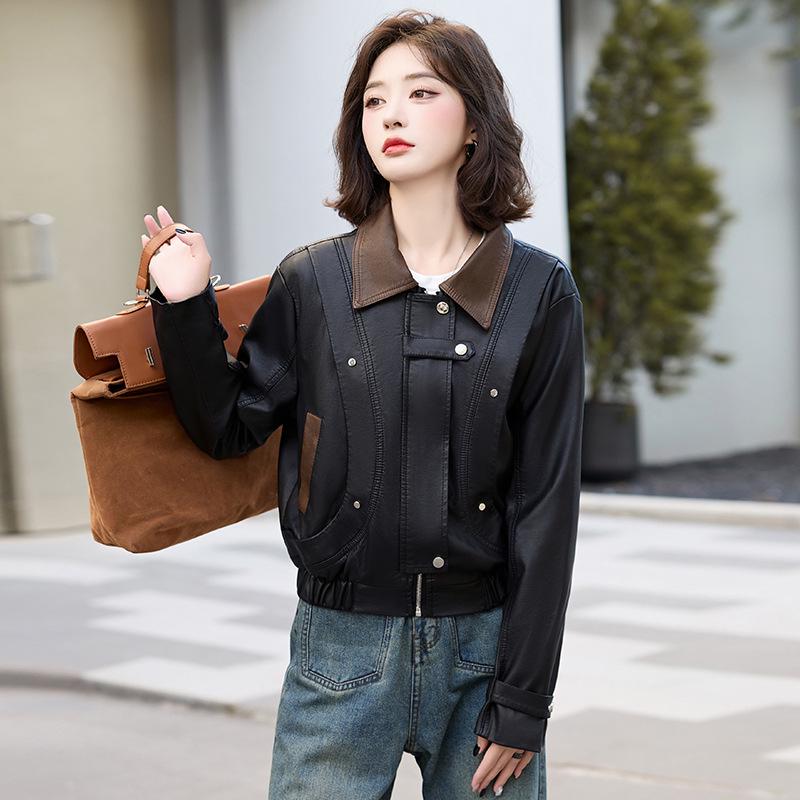 Autumn 2024 Women's Casual Turn-Down Collar Leather Jacket - Slim Fit XG9926