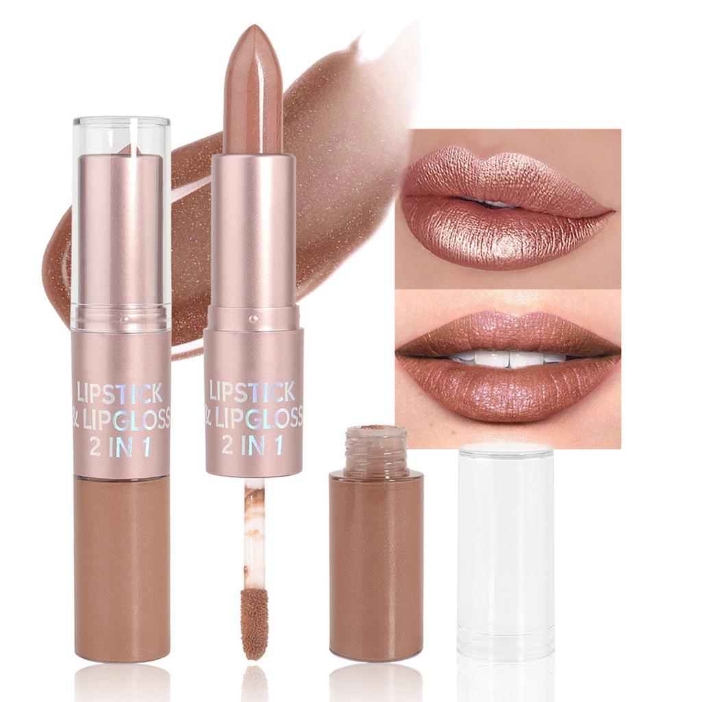 Damen Dual-Tip Lippenfarbe, Feuchtigkeitsspendendes Schimmer-Finish, Langanhaltender, Nicht Klebriger Flüssig-Lippstift, 2-in-1 Make-up Essential