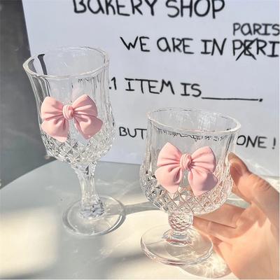 Nordic Style Court Goblet Niche Design Bow Decoration Glass Simple Household Whisky Glass Beverage Juice Dessert Cup Drinkware
