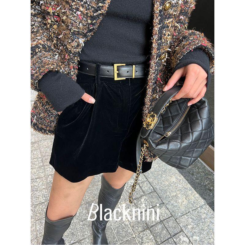 

Blacknini Yin Huafu/Good Version Black High Waist A Word Velvet Shorts Women (with Cowhide Belt) Black XS