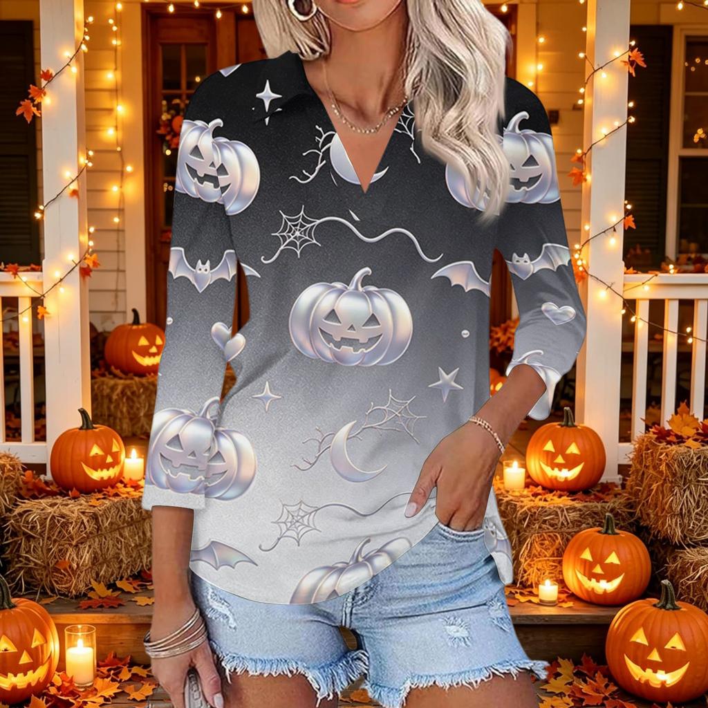 Women's Casual Halloween Themed Print V-Neck Three-Quarter Sleeve Top