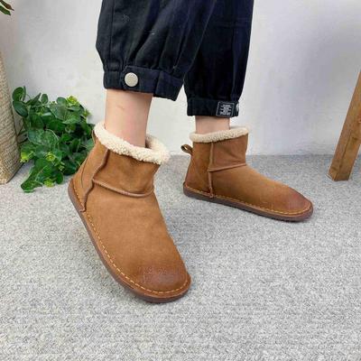 Einfarbige Baumwollstiefel aus Rindsleder mit runder Spitze, lässige und vielseitige Schneestiefel für Damen