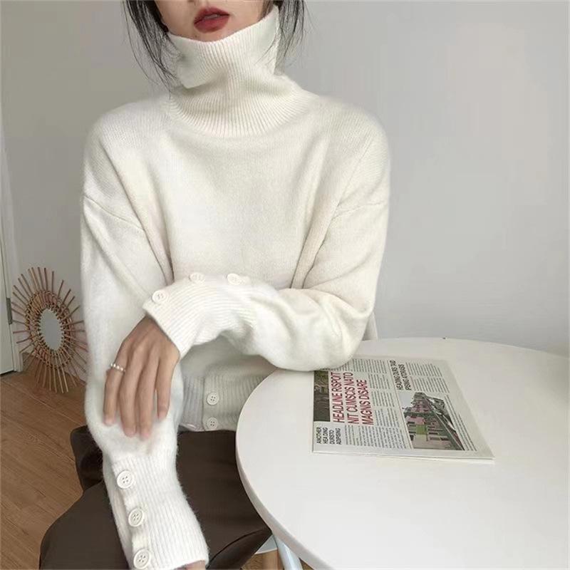 Design Sense High Waist Button Pullover Turtleneck Sweater Women's Autumn and Winter Retro Lazy Style Wear Knitted Sweater