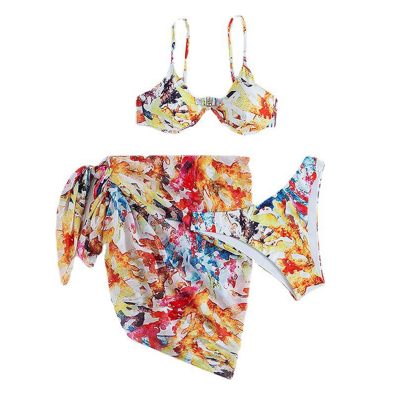 2025 European & American Three-Piece Print Bikini Set with Underwire & Half Skirt