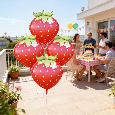 4D Fat Version of Strawberry, Matte Red, 6 Pieces, Strawberry Aluminum Foil Balloons, Suitable for Birthday Party Decoration, Strawberry Themed