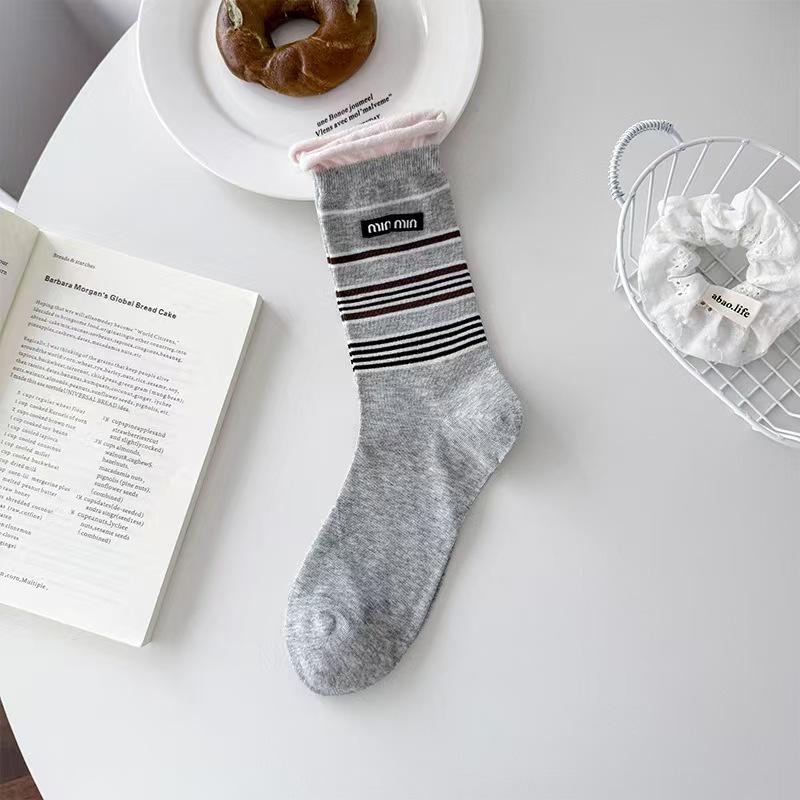 Women's Mid-Calf Striped Slouch Socks - Korean Style, Breathable Cotton for Spring & Autumn