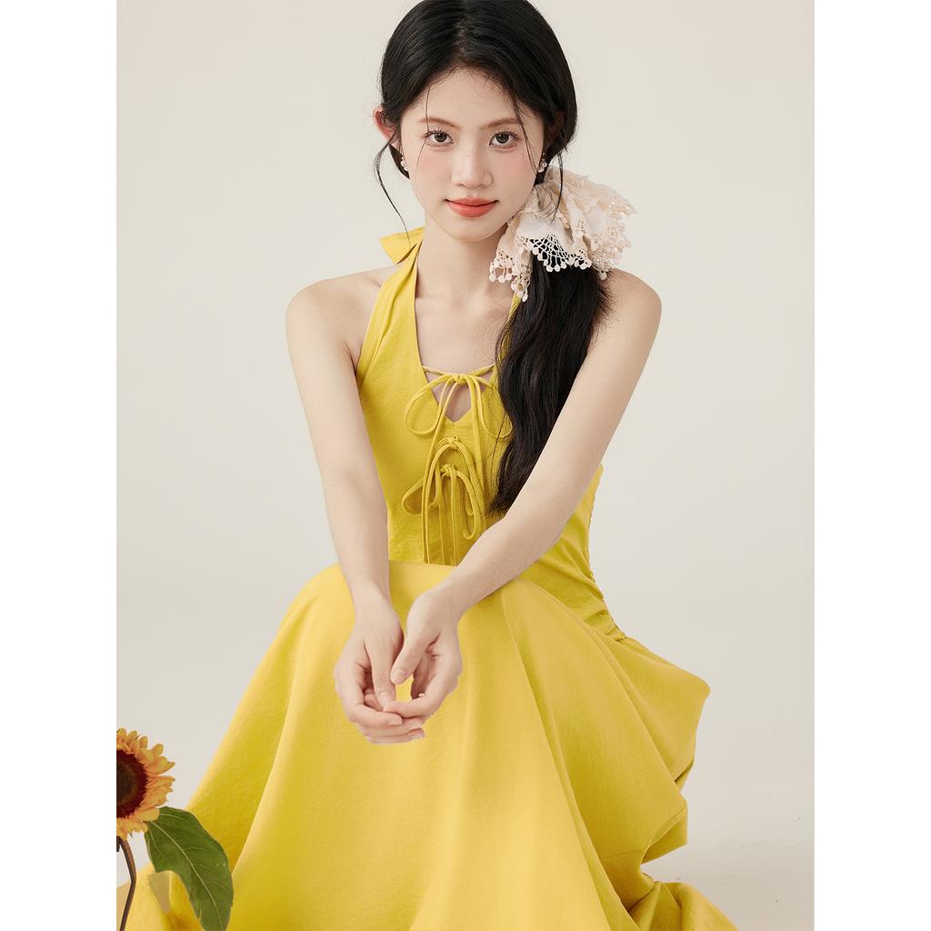 Summer vacation style bow strap waist thin sleeveless neck long dress