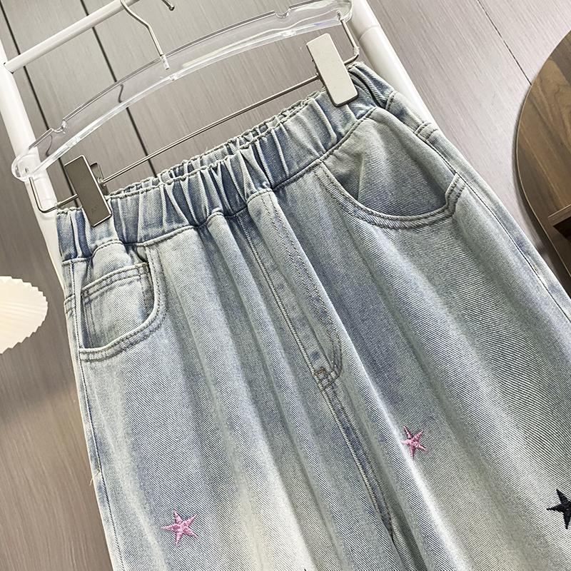 Dimanaf 2025 Plus Size Autumn Blue Basic Elastic Jeans New Pants Embroidery Women Loose Denim Trousers Big Casual Pants 6XL