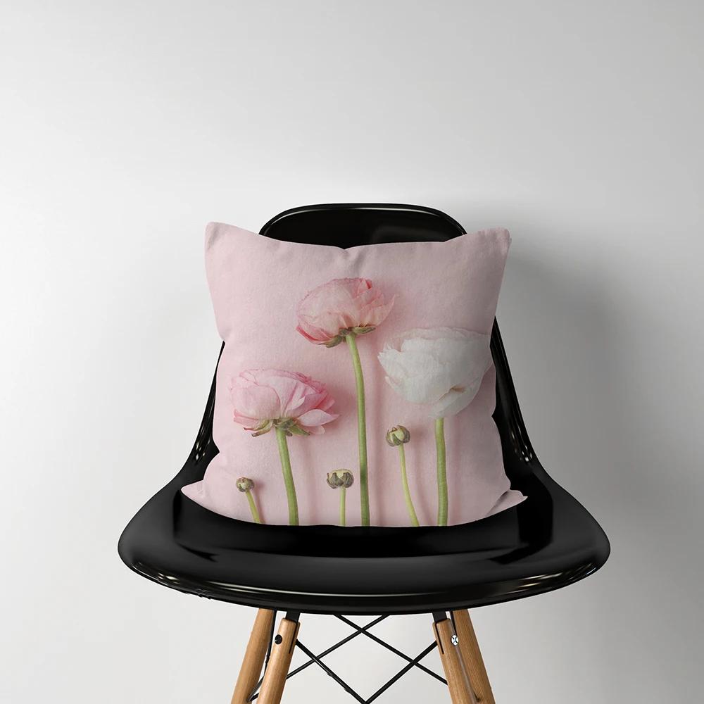 Home Decor Pink Flower Print Cushion Cover Soft Polyester Pillowcase Bedroom Car  Funda De Almohada