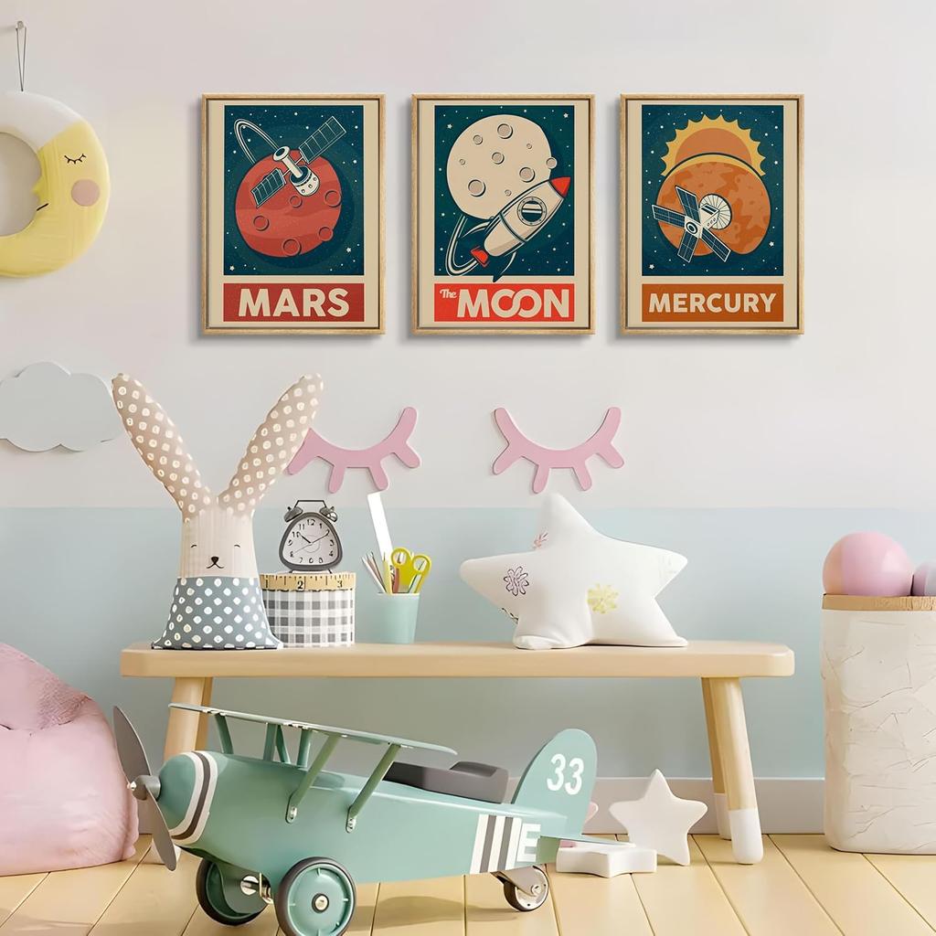 9pcs Retro Solar System Wall Art Nursery Space Pictures Retrospace Galaxy Wall Decor Outer Space Paintings Prints Sci-Fi Planet Posters for Boys