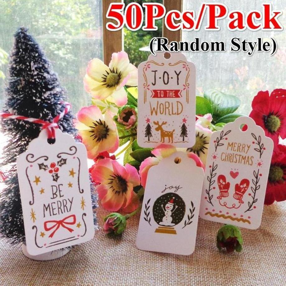 

50Pcs Merry Christmas White Paper Hang Tag With Cotton String Joy Santa Claus Glove Xmas Decor 50Pcs Random