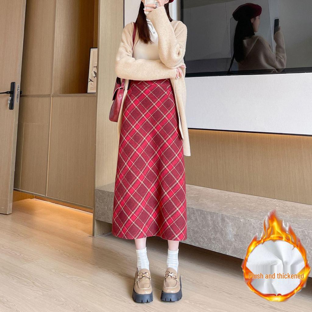 Autumn-Winter High Waist Wool Plaid A-Line Midi Skirt