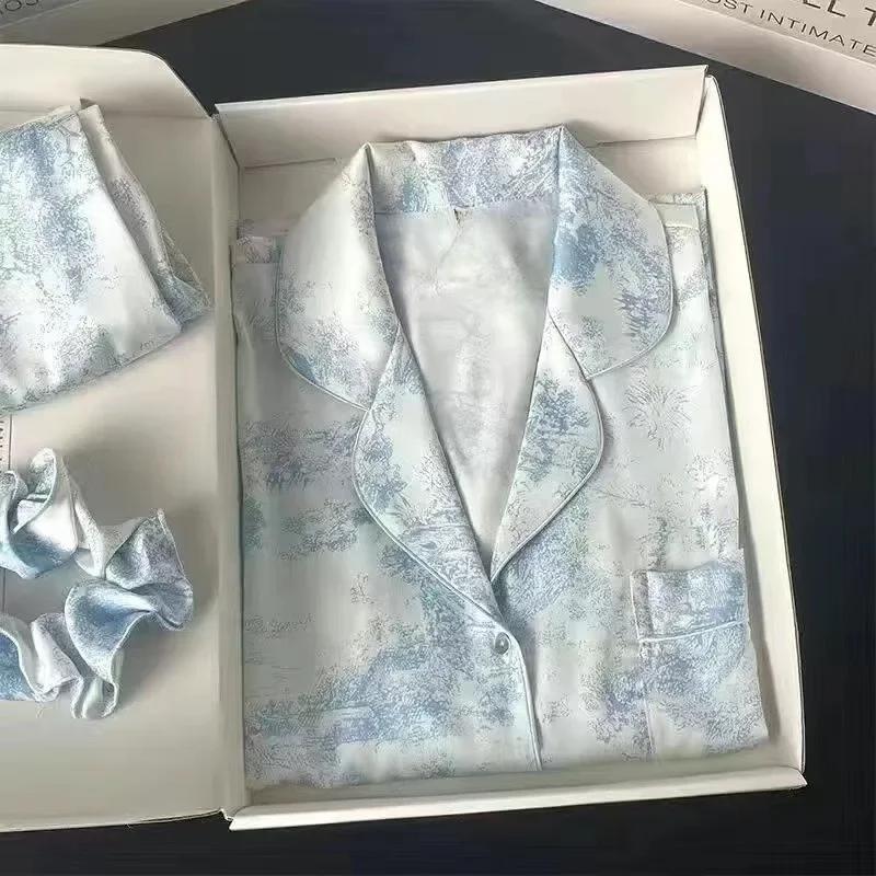 

Женская пижама из серого шелка с рисунком из ледяного шелка, женская весенне-осенняя тонкая пижама с длинными рукавами, одежда для сна высокого класса, одежда для отдыха, принт вишни XXL синий