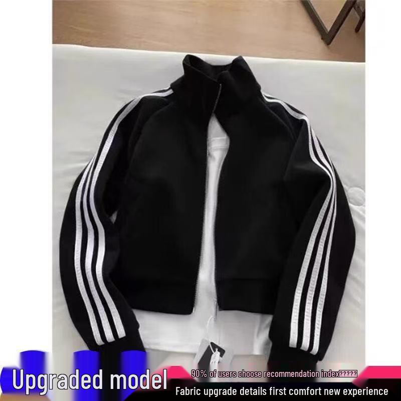 Unisex Dark Blue Three-Stripe Stand Collar Hoodie Jacket for Autumn/Spring