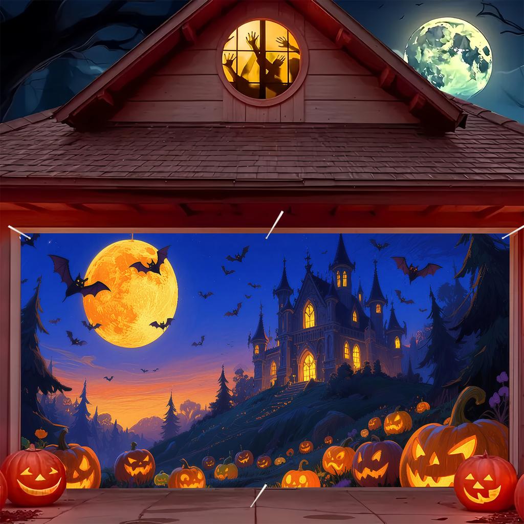 2D gate banners for Halloween garage featuring designs of haunted cities pumpkins and bats.PMJ