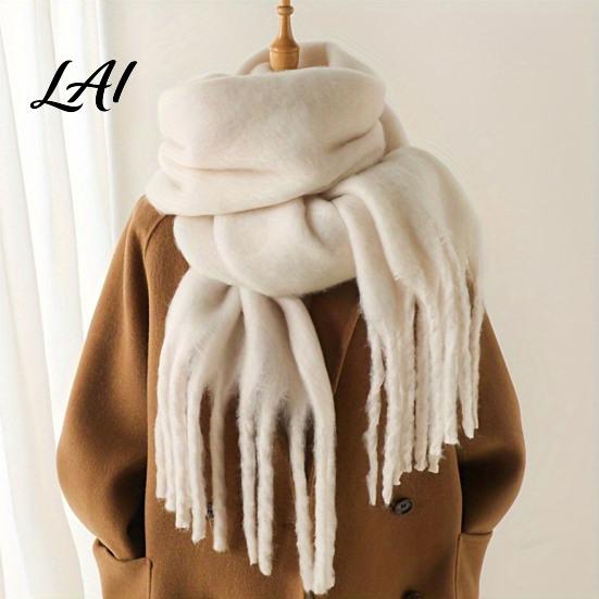 Oversized Cozy Winter Scarf Thickened Imitation Rabbit Velvet with Tassels for Women Solid Color Stylish Long Draped Neck Wrap Warm Shawl,