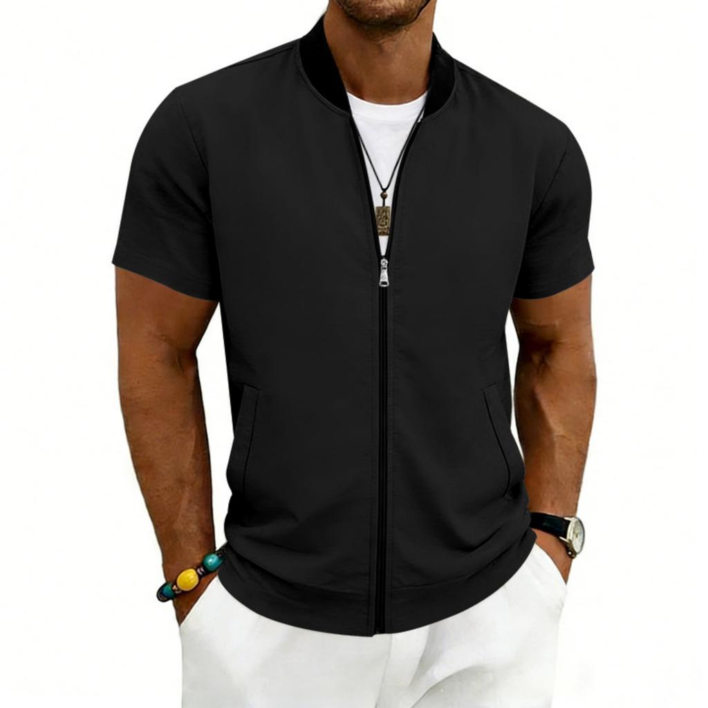 Men Short Sleeve Jacket Lightweight Zipper Front Casual Stand Collar Outerwear for Summer Spring Fall