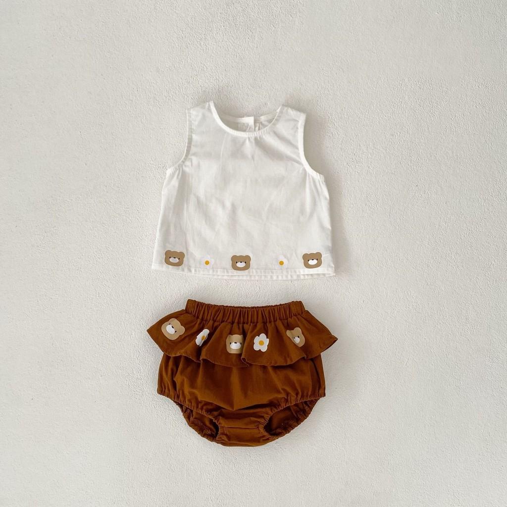 Adorable Baby Outfit Set With Bear Print Sleeveless Top And Ruffled Triangle Shorts For Boys And Girls Perfect For Summer Ages 1 To 3